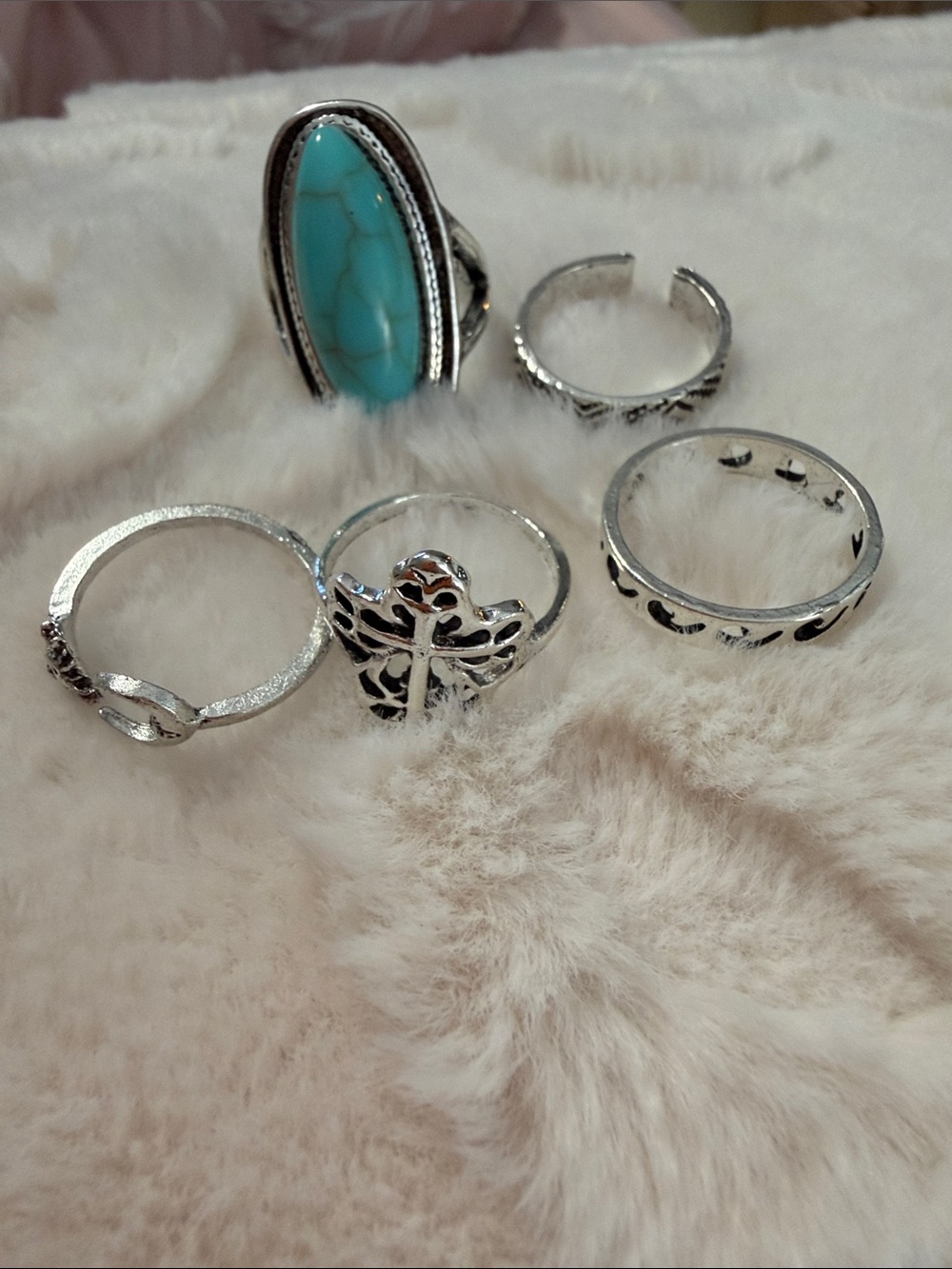 Turquoise Stone Silver-Tone Ring Set - Women Jewelry